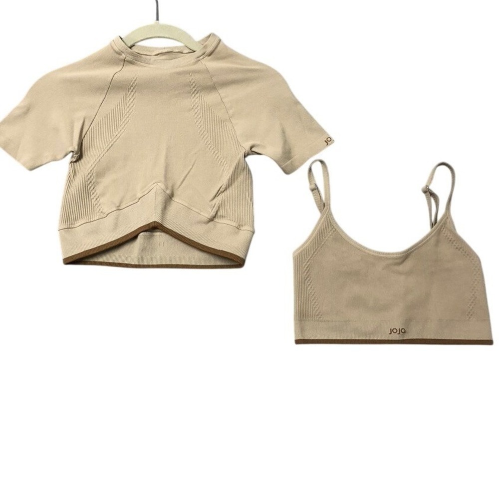 Joja Activewear Set Womens Small Tan Brown Seamless Ribbed Crop Top Sports Bra